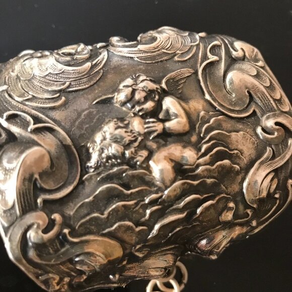 Kissing Cherub Wide Sterling Silver Cuff Bracelet Unger Brothers Angel Putti - Picture 9 of 13